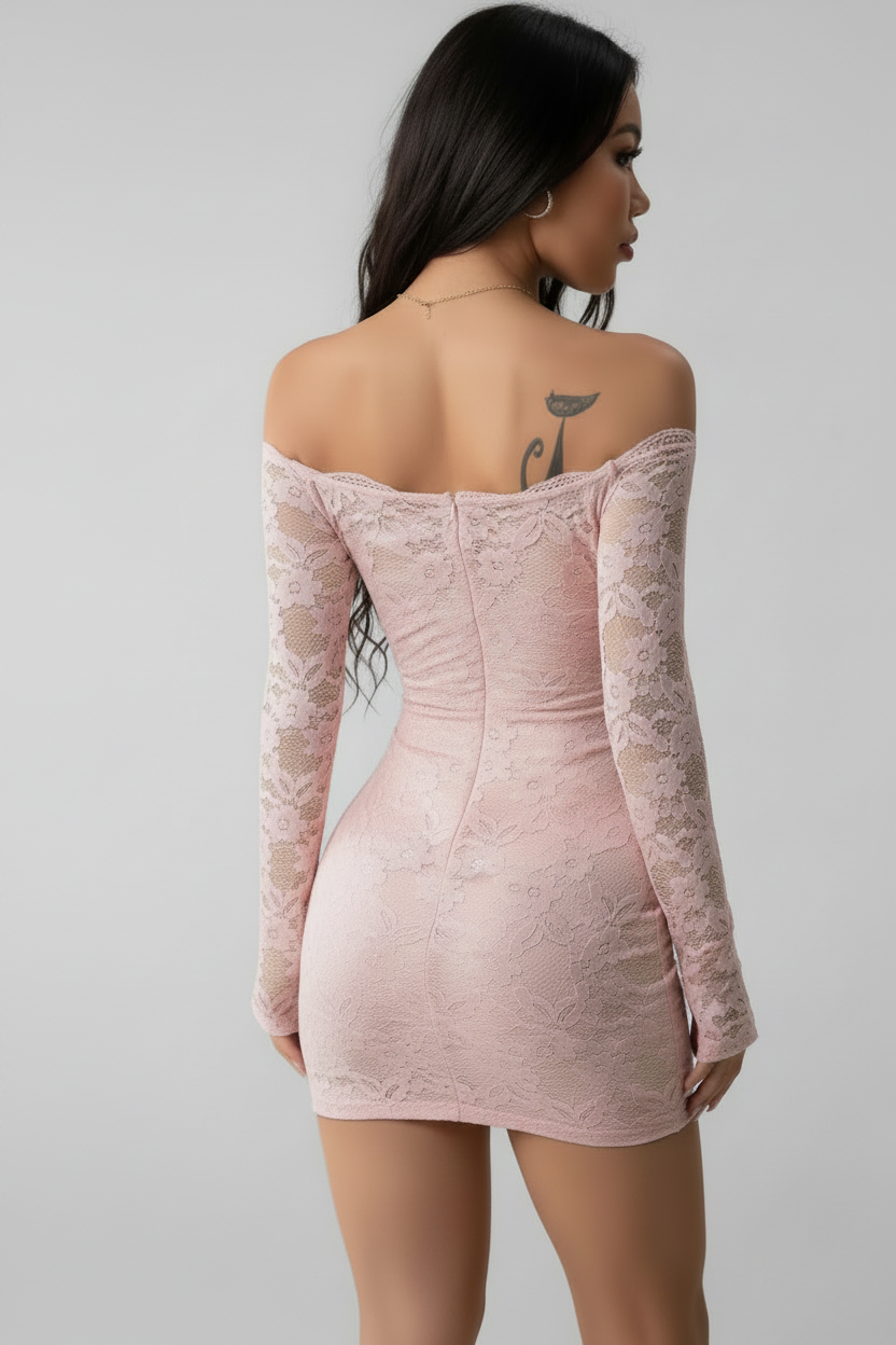 Light Pink Off-Shoulder Lace Dress - Closed Back